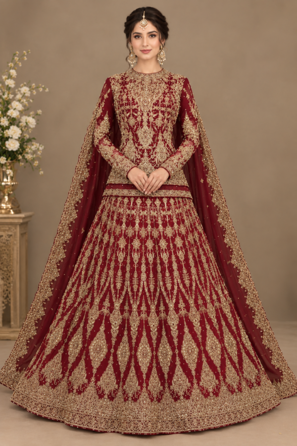 Maroon & Gold Heavy Embroidered Wedding Dress